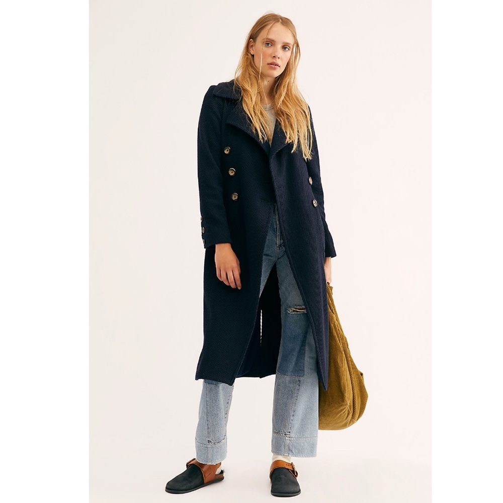 Free People Double Breasted Woven Ribbed Overcoat Longline Coat NWT Navy Blue - Picture 5 of 8